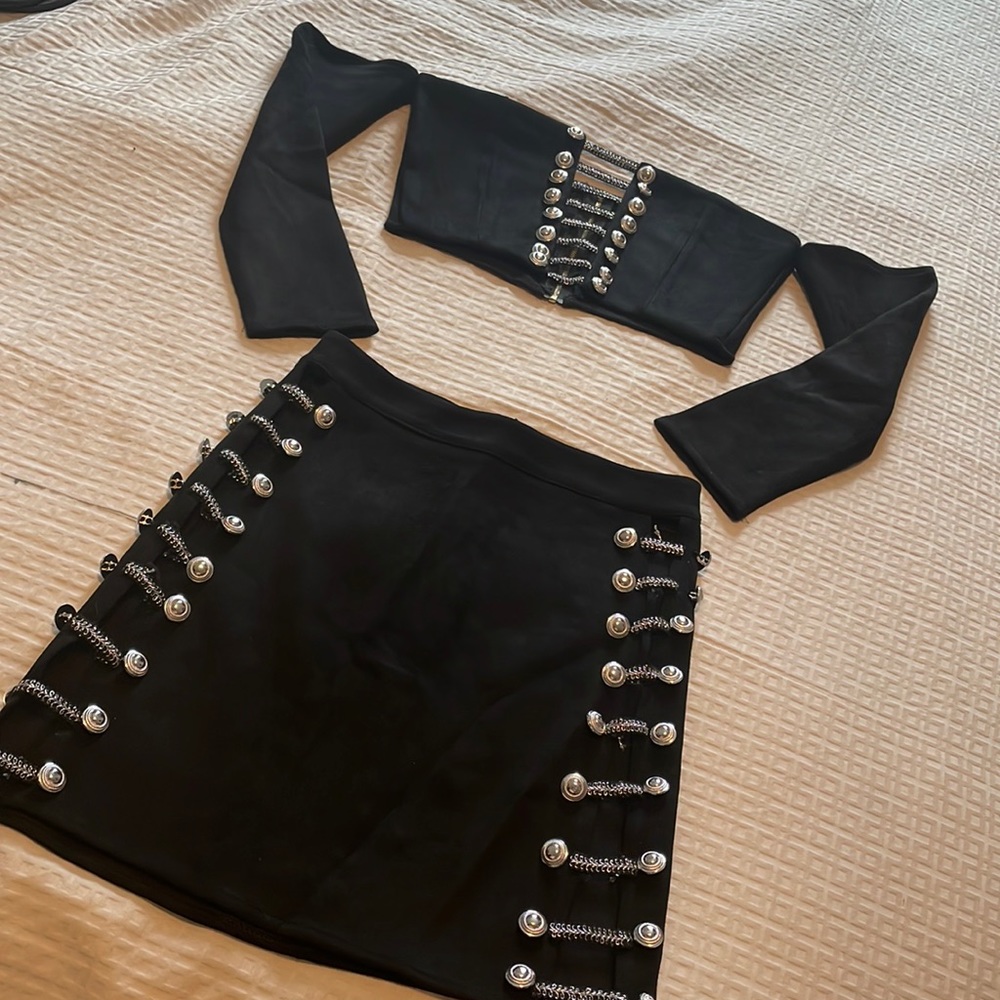 Two piece suede skirt set with silver accents